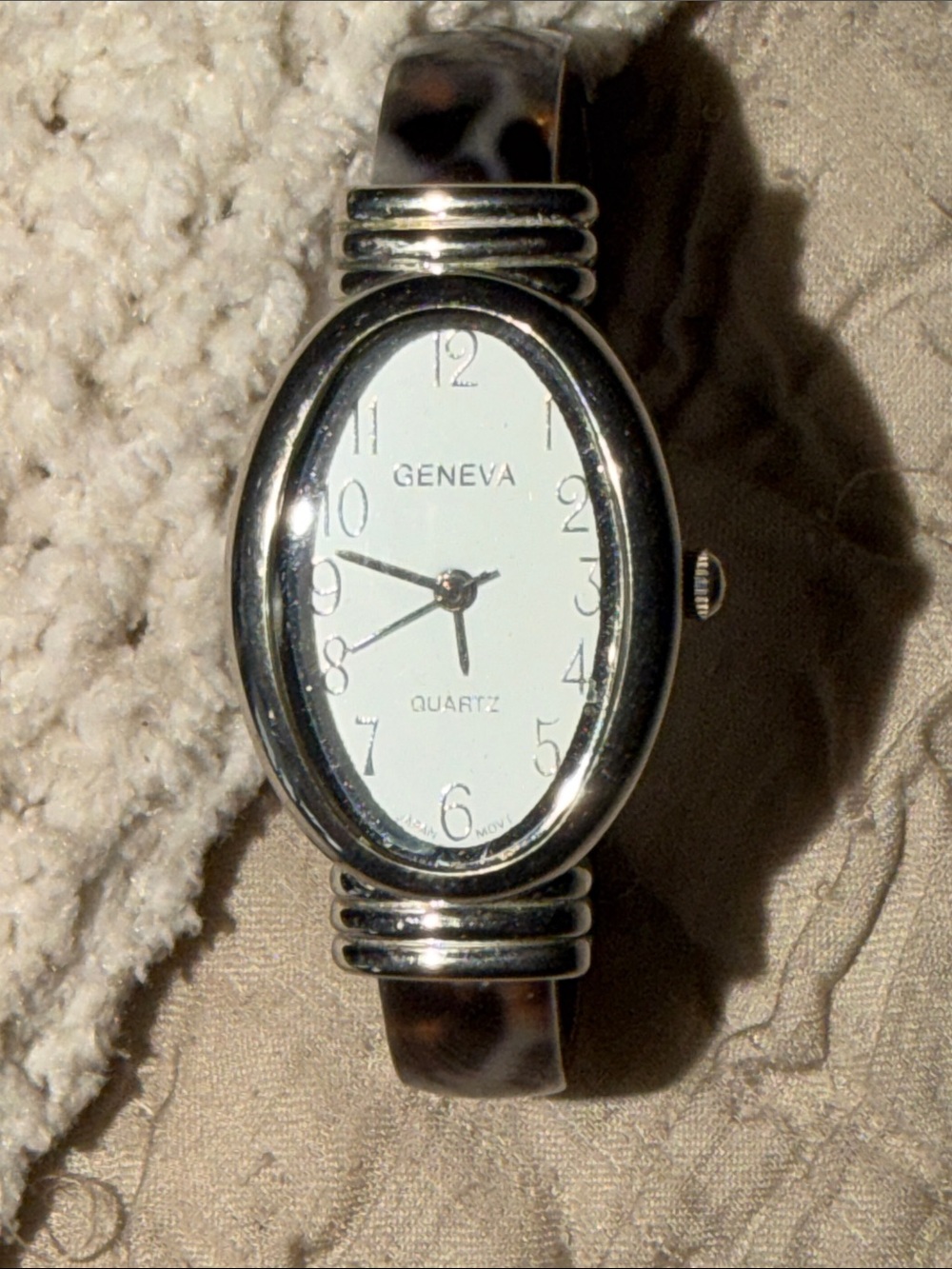 Geneva Silver-Tone Oval Watch with White Dial and Tortoiseshell Band hinged